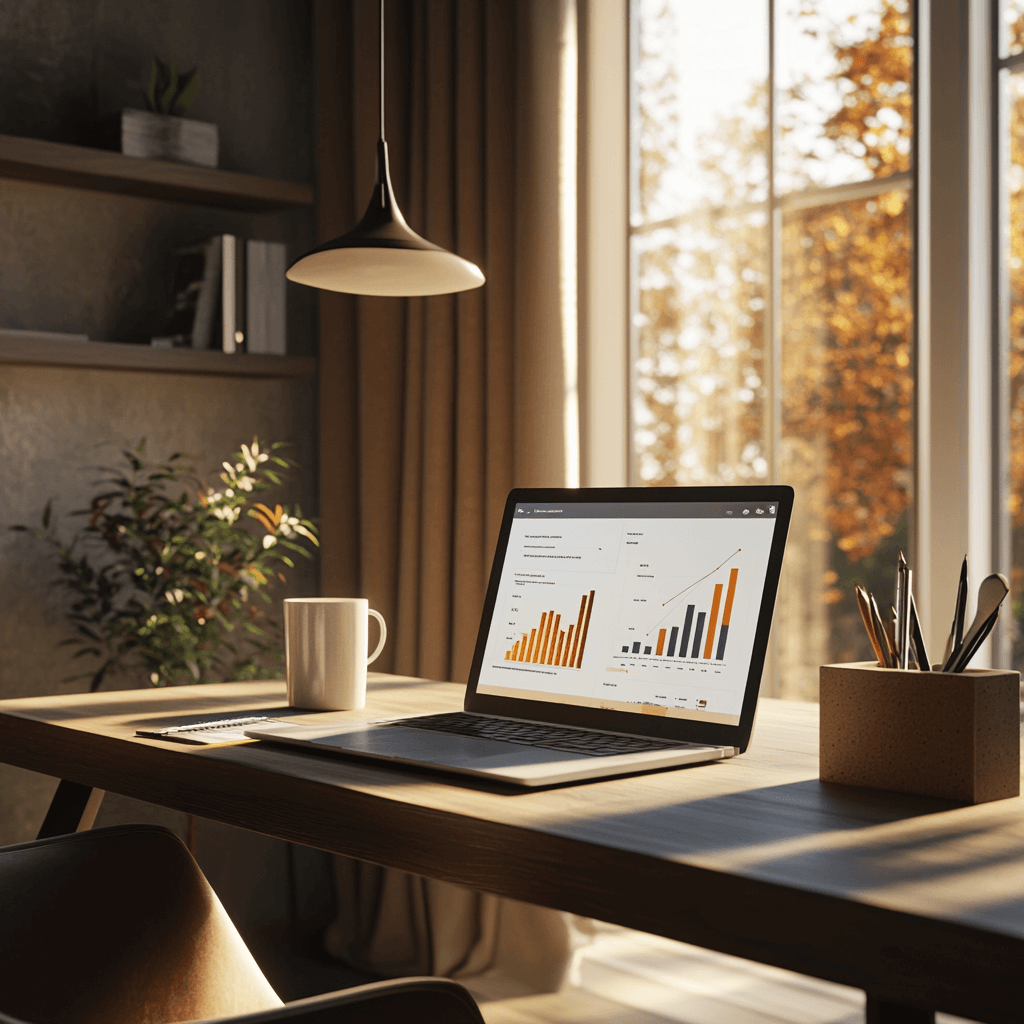 Otthoni iroda mesterséges intelligenciával támogatott munkafolyamatokkal, laptopon megjelenő grafikonok és dokumentumok
